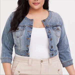 Torrid Collarless Crop Light Wash Denim Jacket